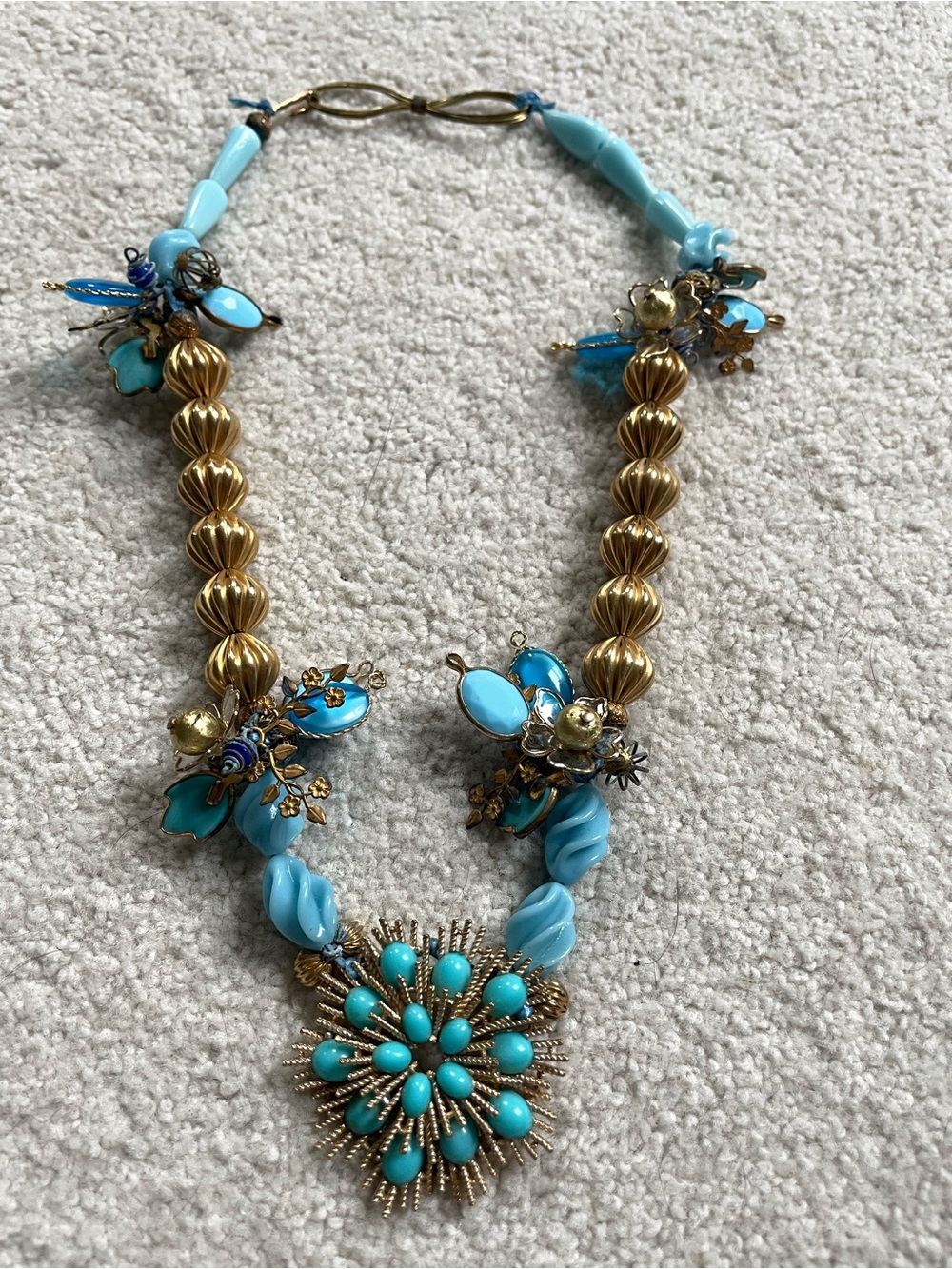 Vintage Turquoise Gold-tone Necklace with Beaded Accents & Cluster Pendant